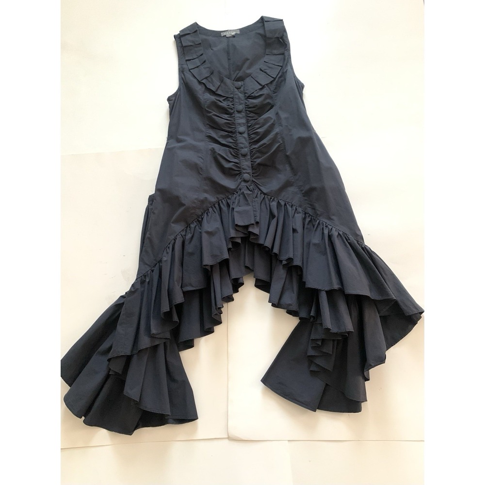 Gracia Cinched Ruched Tunic Dress Women's Size M Black Cotton Hi Low Hem Pockets